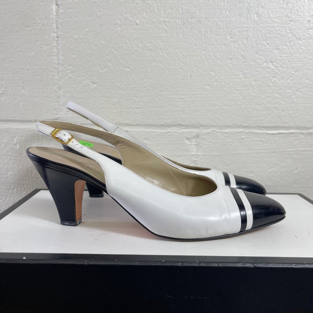 Salvatore Ferragamo Heels White Black Cap Toe Slingback Pumps Women's‎ 8.5 B